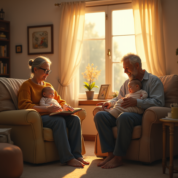 Two grandparents sit in armchairs, each holding a baby and smiling warmly in a sunlit living room.