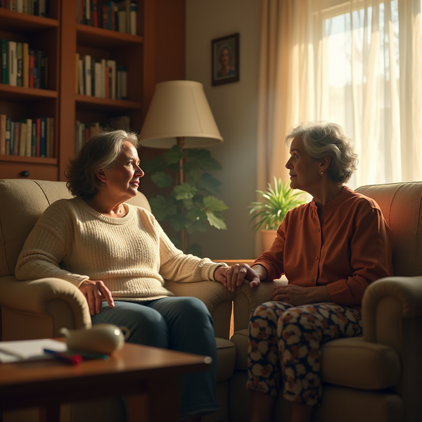 Two older women with gray hair sit on a sofa, holding hands and looking at each other.