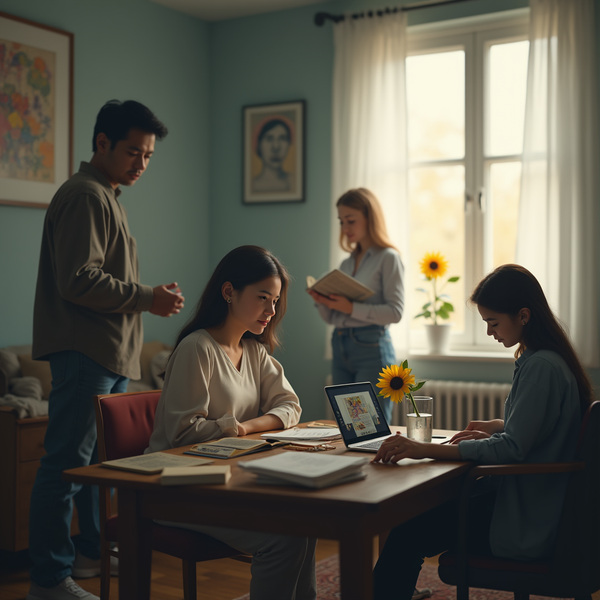 Three young adults study in a bright room with artwork and a window overlooking the outdoors.