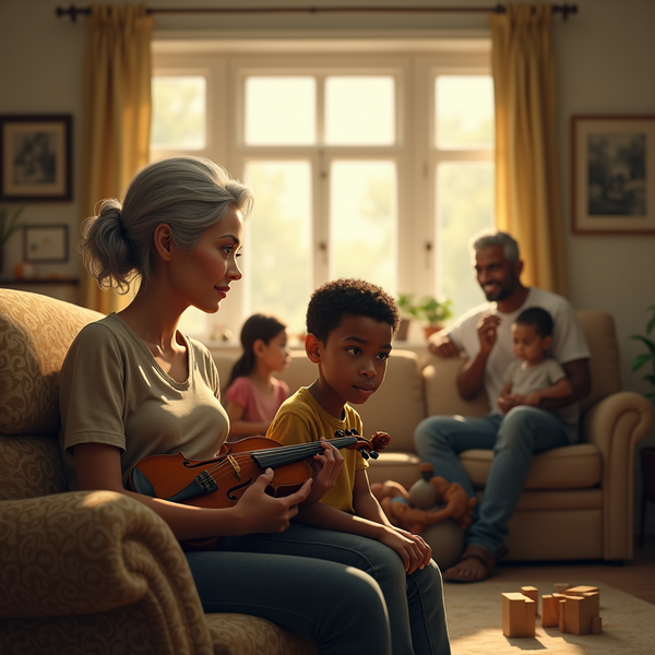 A woman teaches a young boy to play the violin in a sunlit living room with a multigenerational family.