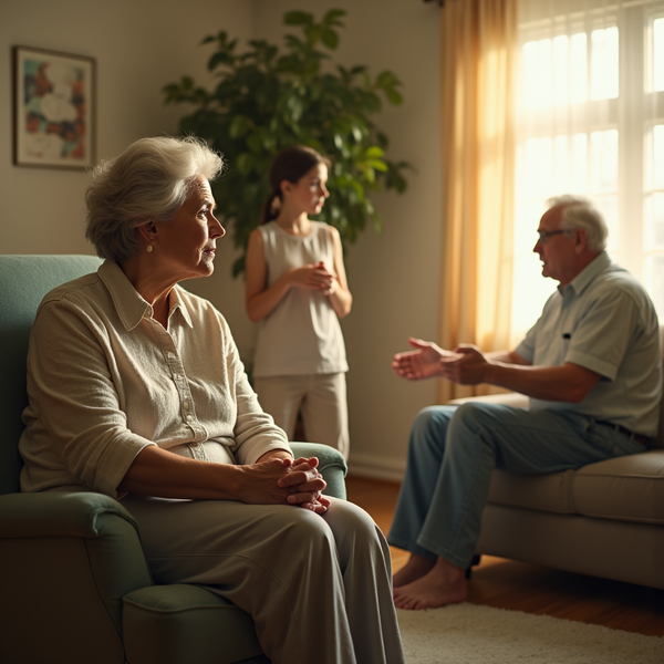 An elderly couple sits on a couch with a young woman nearby, bathed in warm light from a window.