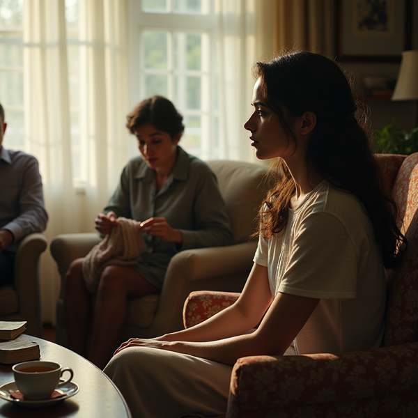 A young woman with long hair sits pensively in a well-lit living room with two other people in the background.