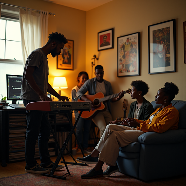 Three young adults compose music in a warmly lit living room with instruments and framed artwork.