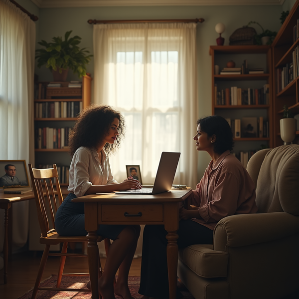 Two women sit facing each other across a desk with a laptop, in a warmly lit, book-lined room.
