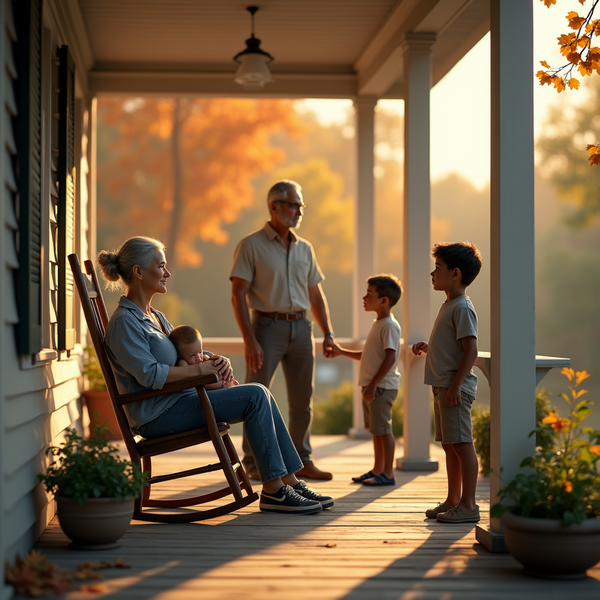 A multigenerational family relaxes on a porch during golden hour; a baby is being held, and two young boys stand nearby.