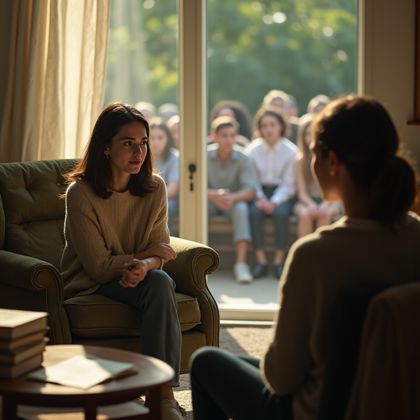 A young woman speaks with another seated across from her in a room with a group of children visible through glass doors.