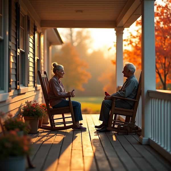 An elderly couple sits on rocking chairs on a porch, bathed in the warm glow of sunset.