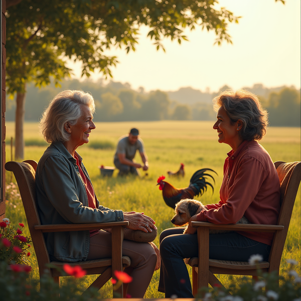 Two women smile and sit together on chairs in a sun-drenched field with a man and rooster in the background.
