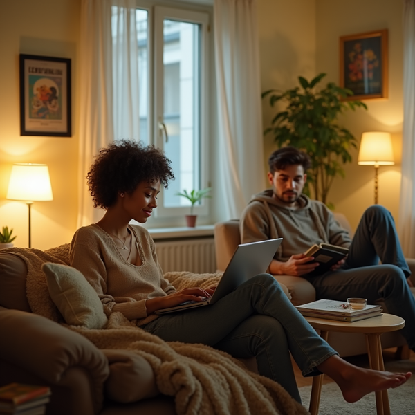 Two people relax in a warmly lit living room, one on a sofa with a laptop, the other reading a book.