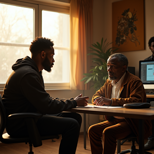 Two men sit across a table, engaged in conversation in a warmly lit office setting.