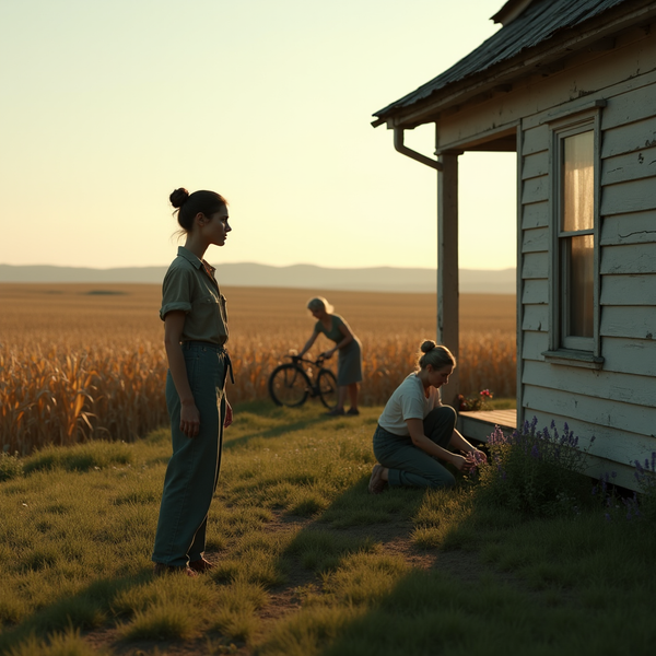 Three figures stand on a grassy lawn beside a weathered farmhouse overlooking a golden wheat field.
