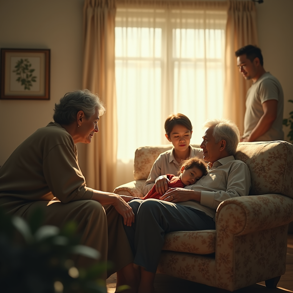Elderly grandparents sit surrounded by family, bathed in warm light from a window.