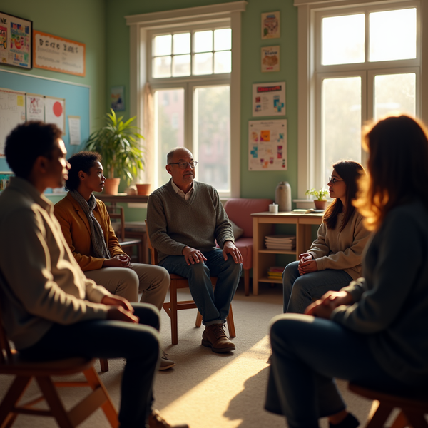Four people sit in a circle, engaged in what appears to be a support group discussion in a bright room.