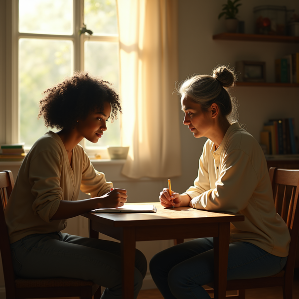 Two people sit at a wooden table, writing with pencils while sunlight streams through a window.