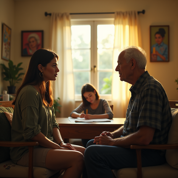 A young woman and elderly man converse intently on a sofa, with a girl studying at a nearby table.
