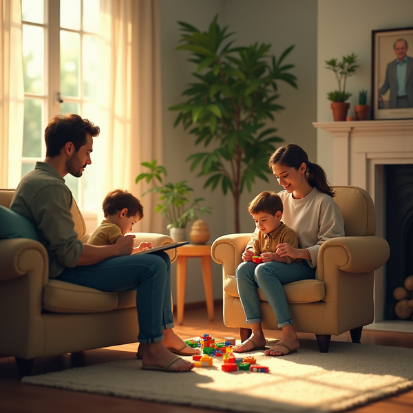 A family relaxes in a brightly lit living room, playing with toys and using a tablet.