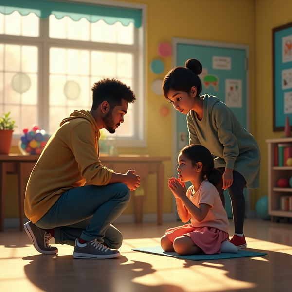 A man crouches, speaking with a mother and young girl, all looking concerned on a blue mat.