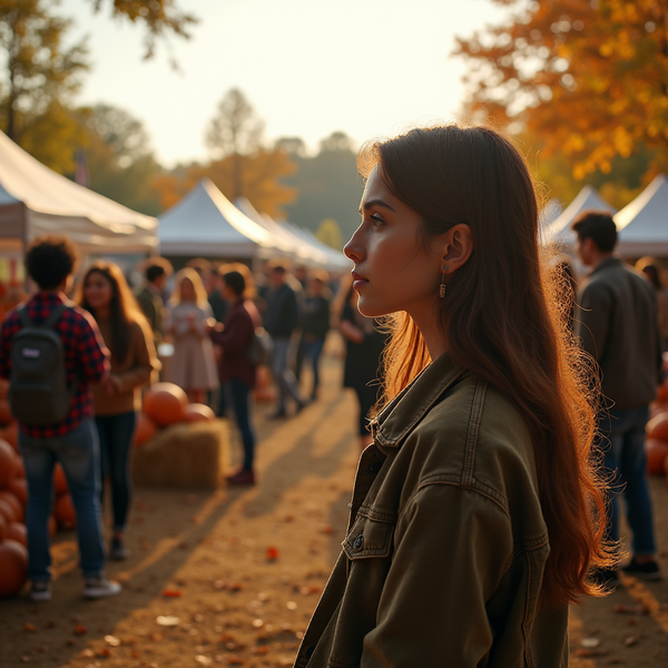 A young woman in an olive jacket looks off-camera at a pumpkin patch festival bathed in golden light.