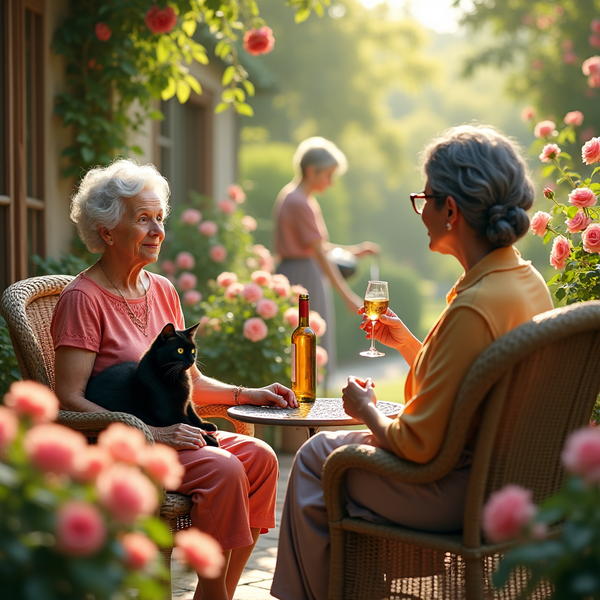 Two elderly women chat outdoors, seated in wicker chairs with a black cat, as another woman tends a rose garden.