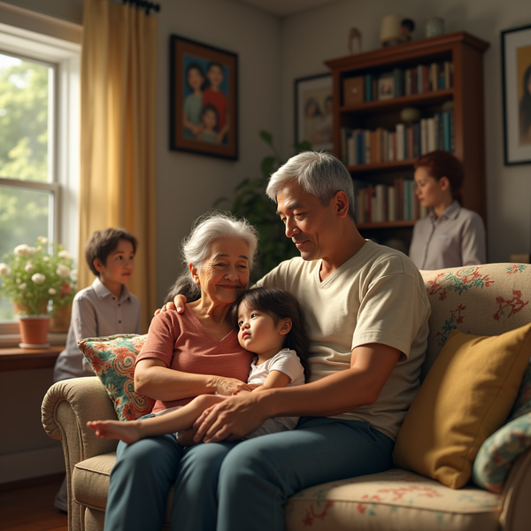 An elderly Asian couple sits on a patterned couch, embracing a young child, while two children and a woman are in the background.