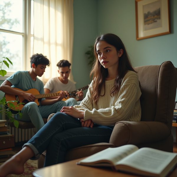 A young woman sits pensively in a chair while two others play guitars nearby in a sunlit room.
