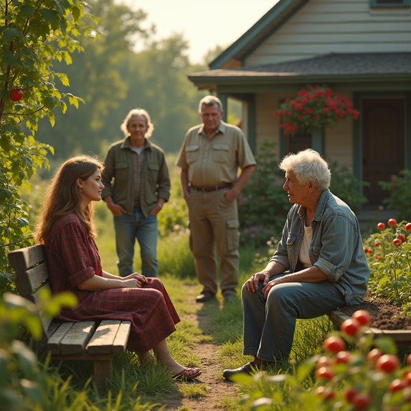 A young woman and elderly man converse on a bench in a sun-dappled garden, with two men standing nearby.