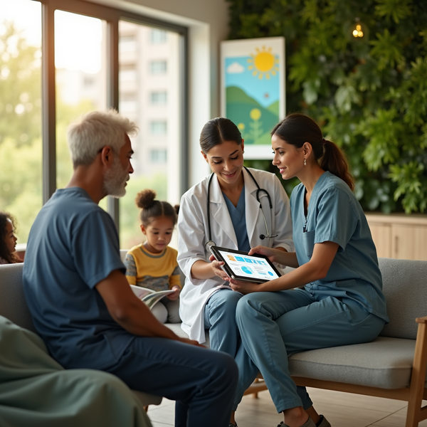A doctor and nurse discuss results on a tablet with a patient and his child in a modern waiting room.