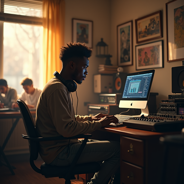 A young man with headphones sits at a computer in a recording studio, focused on the screen.