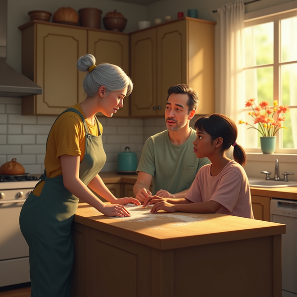 A multigenerational family bakes together at a kitchen island bathed in warm sunlight.
