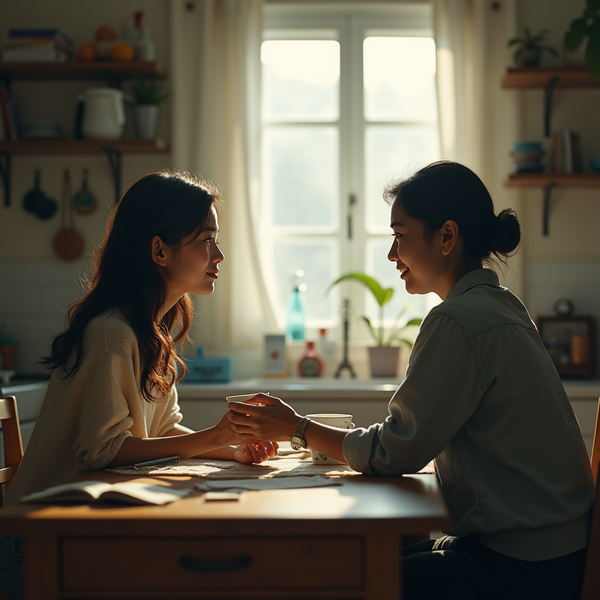 Two women sit at a wooden table, holding hands and looking at each other in a sunlit kitchen.