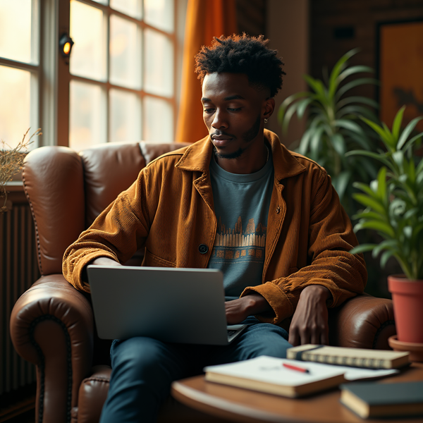 A young man uses a laptop in a leather armchair, bathed in warm light from a nearby window.