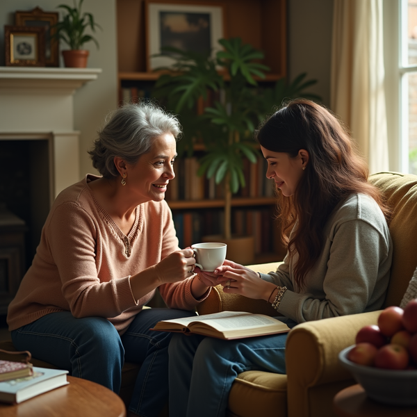Two women converse while seated on a mustard-colored couch, enjoying tea and a book.