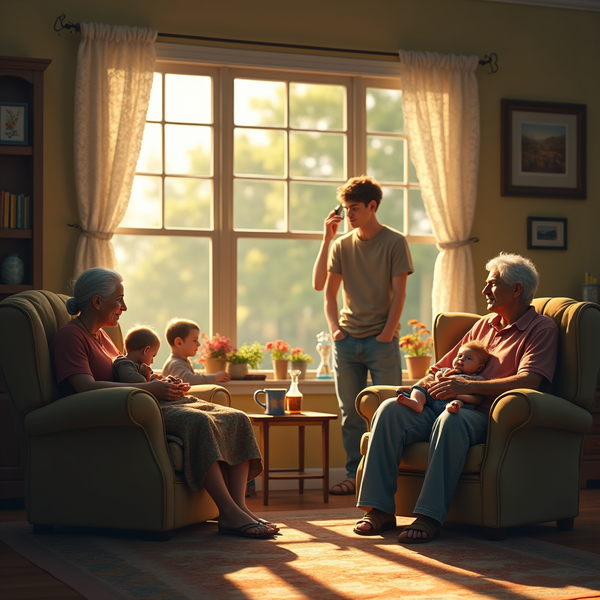 An elderly couple holds babies while their grandson talks on his phone in a sunlit living room.