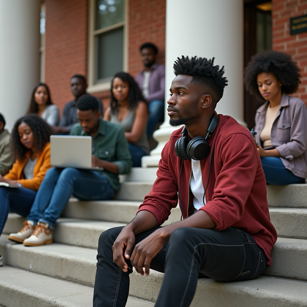 A group of young adults sits on university steps, one man in focus with headphones.
