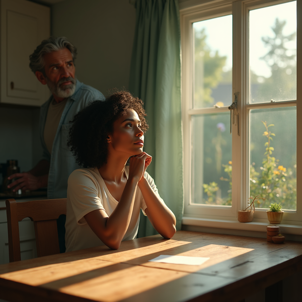A woman sits at a wooden table, gazing out a sunlit window with a man in the background.