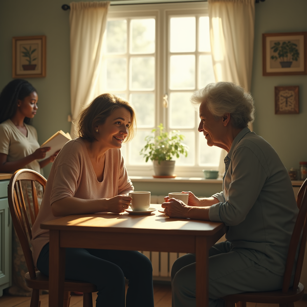 Two women sit at a wooden table, smiling and holding cups, with a third woman in the background.