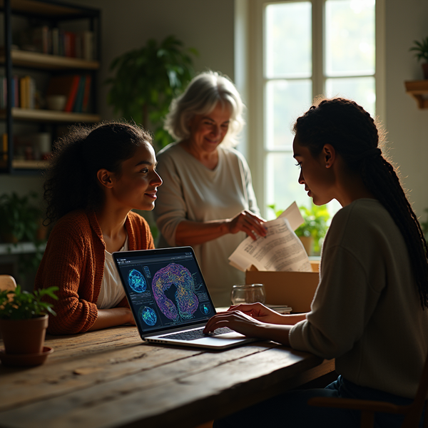 Three women sit at a wooden table with a laptop displaying a brain scan image and papers.