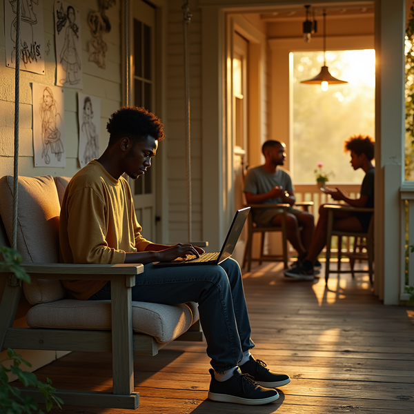 A young man uses a laptop on a porch swing, with two other people seated nearby in the golden evening light.