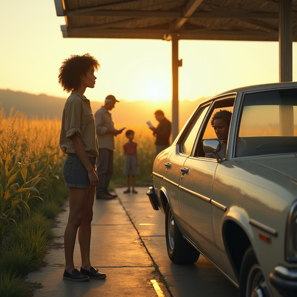 A woman stands near a vintage car, while a family observes in the background against a golden sunset.
