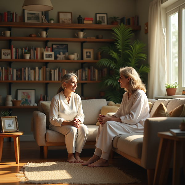 Two women with long hair sit and converse on a beige couch in a sunlit, book-lined living room.