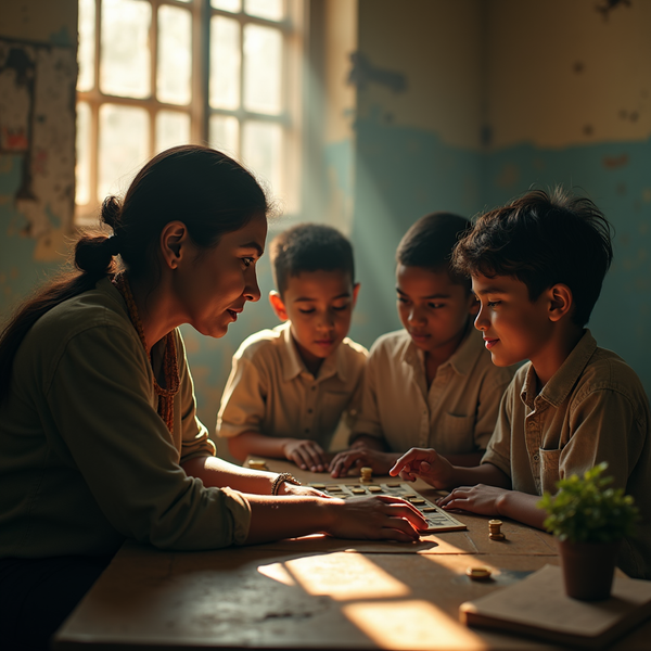 A woman and three young boys sit around a table playing a game with small tokens.