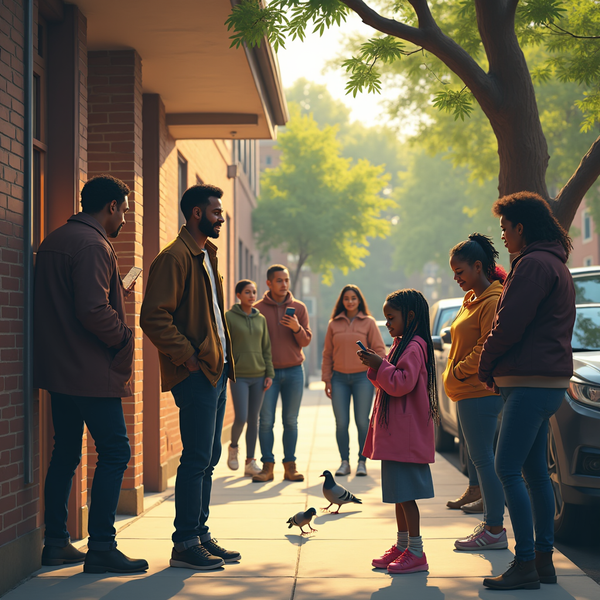 A group of people stands outside a brick apartment building on a sunny day, some looking at phones.