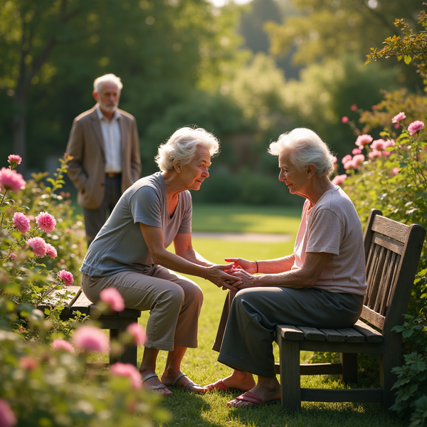 Two elderly women holding hands sit on a park bench, with a man standing in the background.