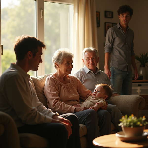 A multigenerational family gathers in a sunlit living room, a baby being held on a sofa.