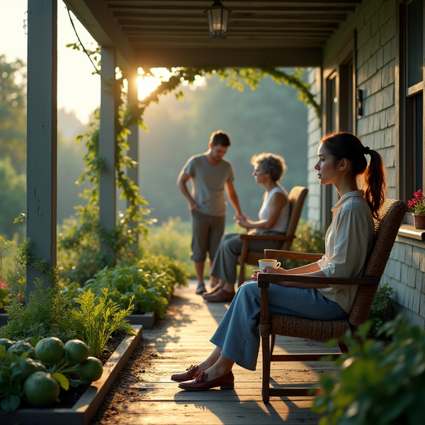 A woman sits on a porch, holding a mug, while a man and older woman chat in the background.