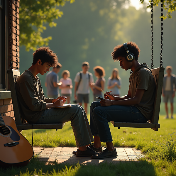 Two young men sit on a porch swing, writing, with a guitar and other students blurred in the background.